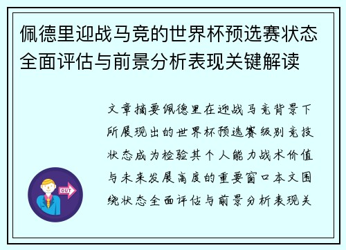 佩德里迎战马竞的世界杯预选赛状态全面评估与前景分析表现关键解读
